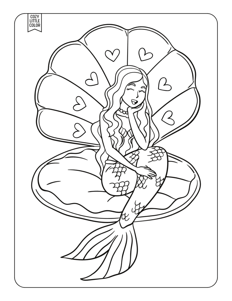 coloring page with hearts sitting on a seashell