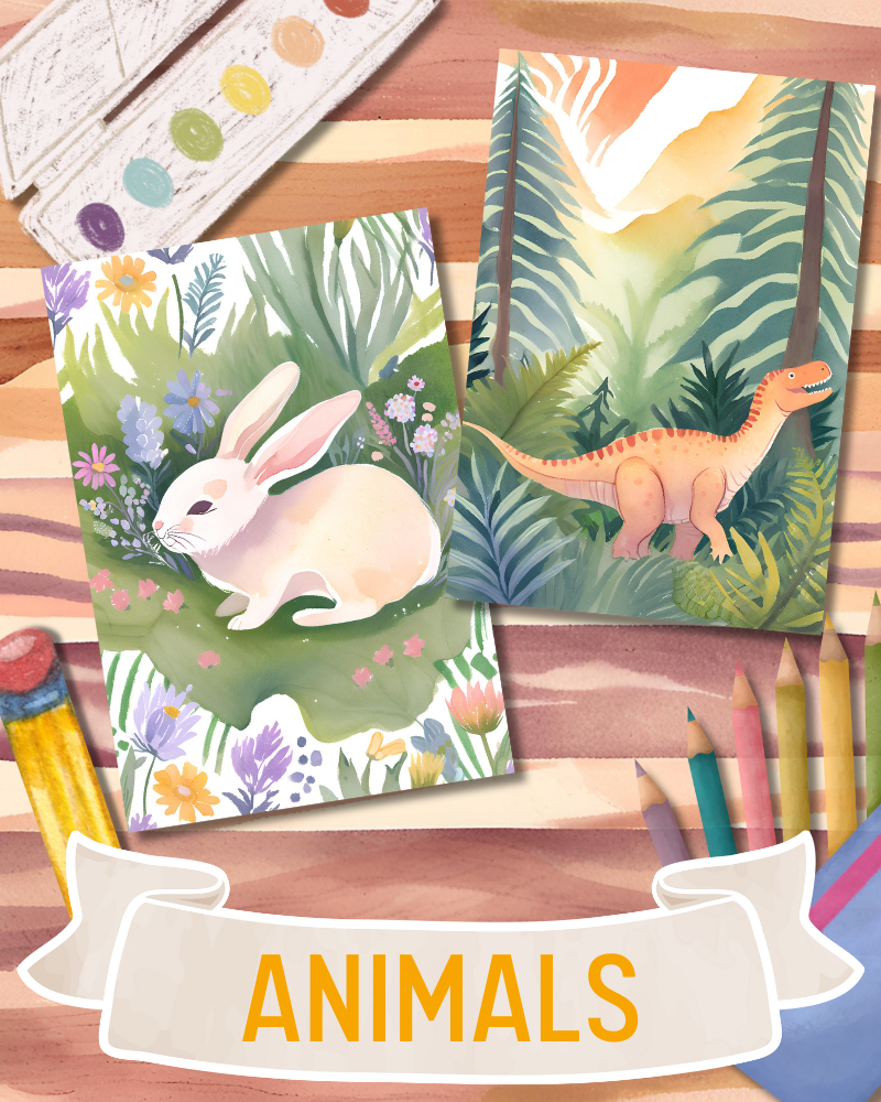 a dinosaur coloring page and a bunny coloring page with the word "Animals"