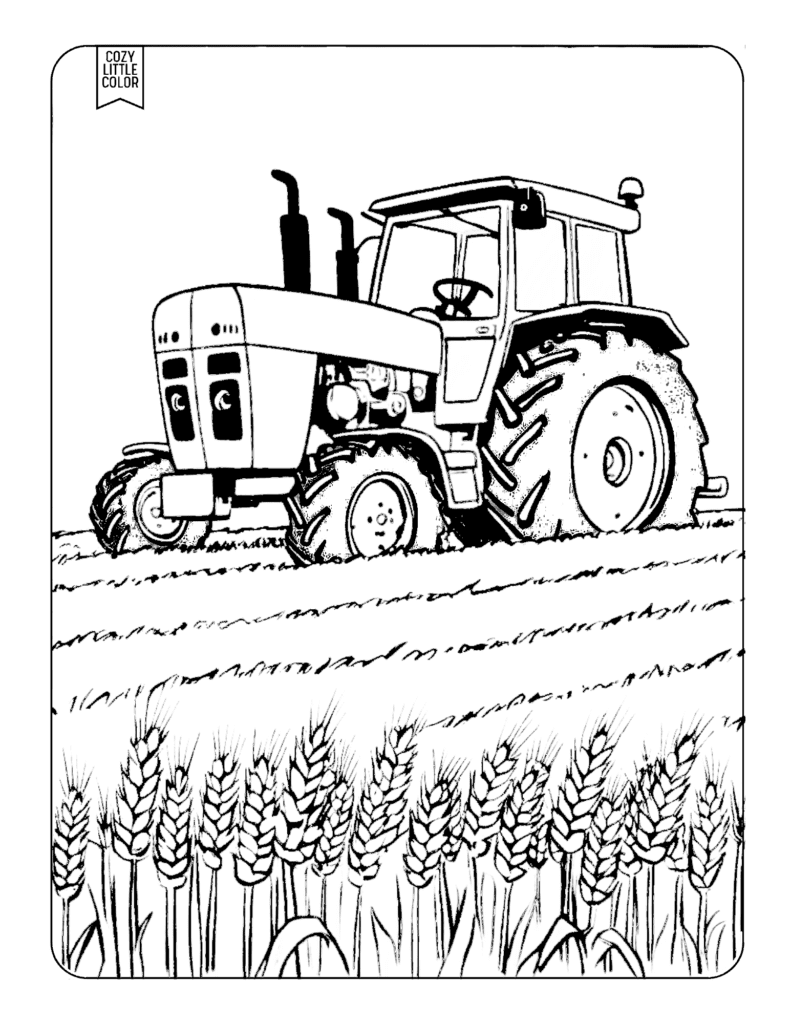 Coloring page of a realistic tractor in a wheat field