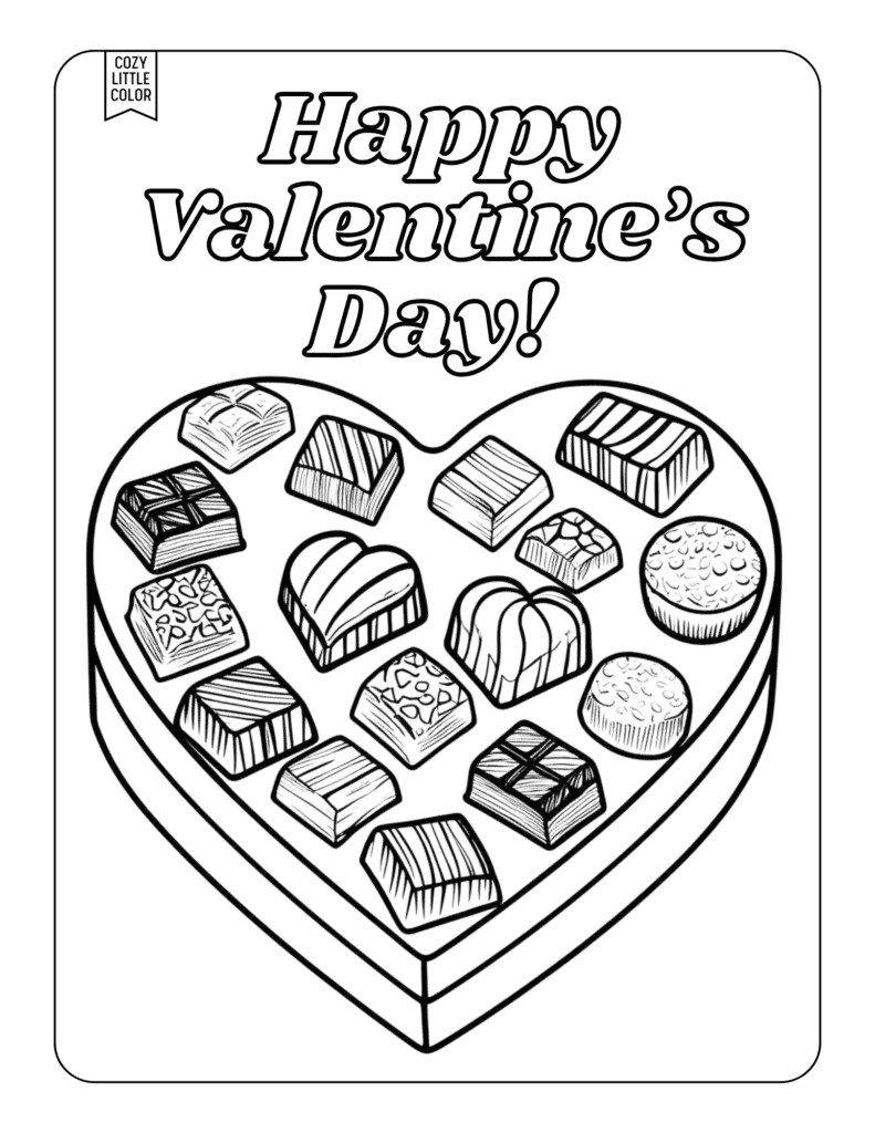 coloring page valentines day card of a box of chocolates