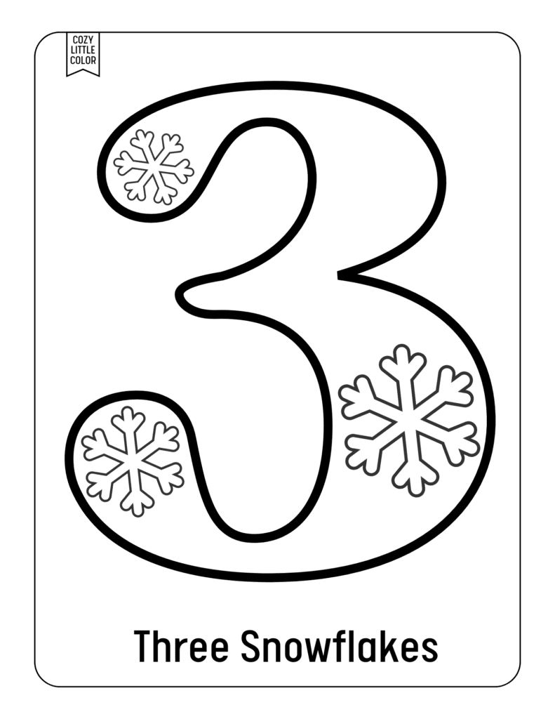 Free number coloring page of the number 3 for homeschool with snowflakes