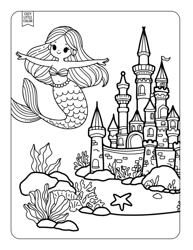 coloring page of an anime kawaii mermaid and undersea castle