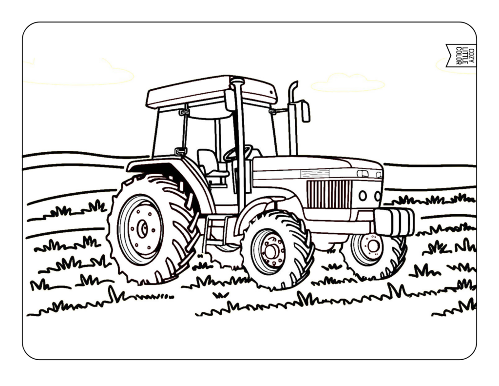 coloring page with a traactor in a field