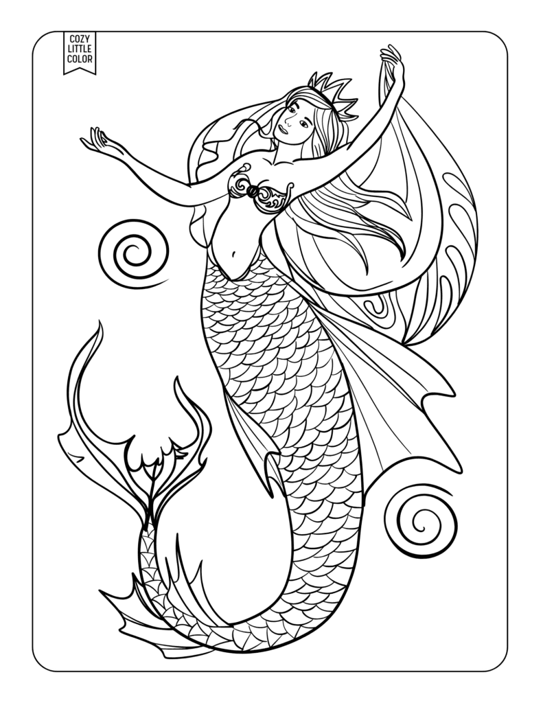 Coloring page of a queen mermaid with a fancy tail