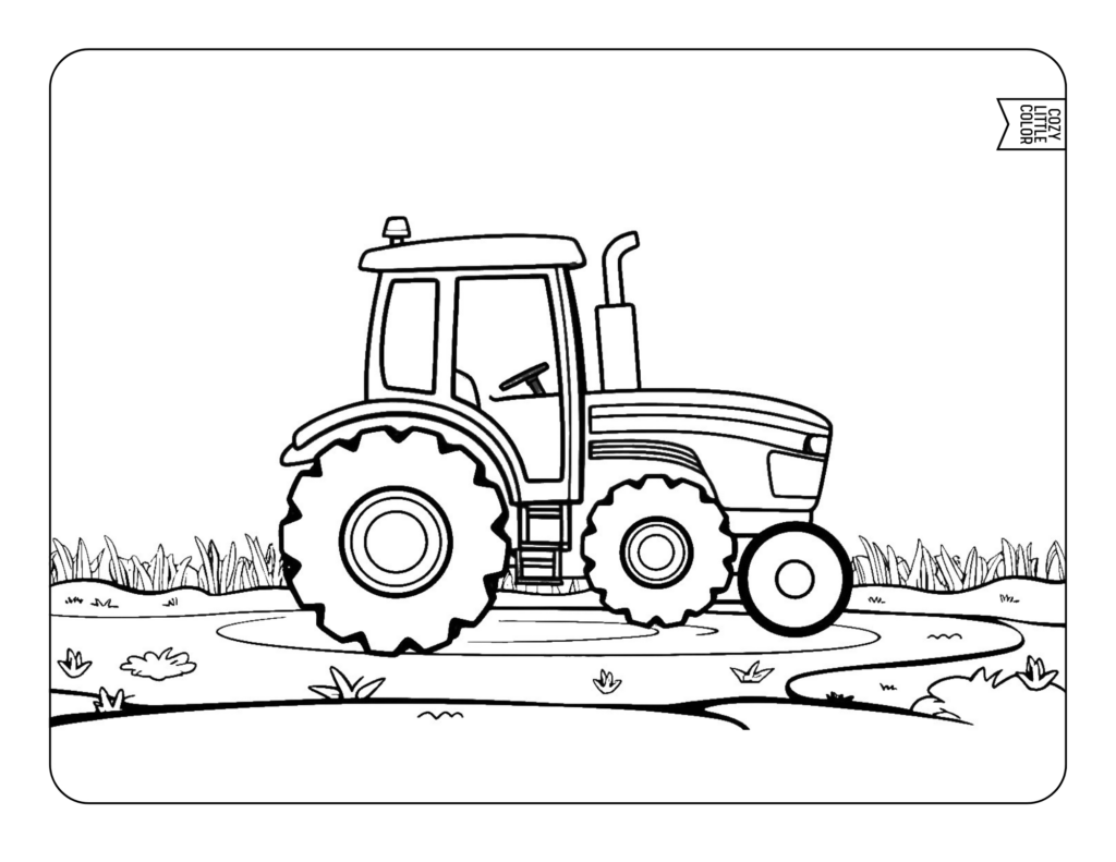 A coloring page with a tractor outside