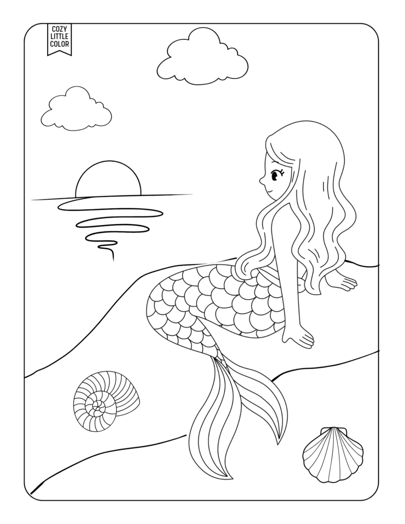 coloring page of a mermaid sitting on a beach looking at sun set