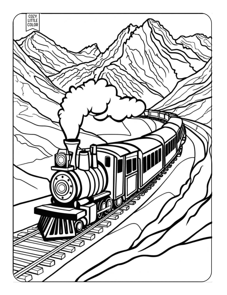 Realistic Train Through Mountain coloring page