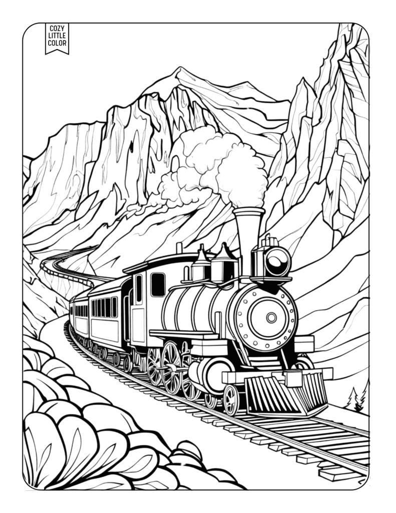 Detailed train through ice mountains coloring page