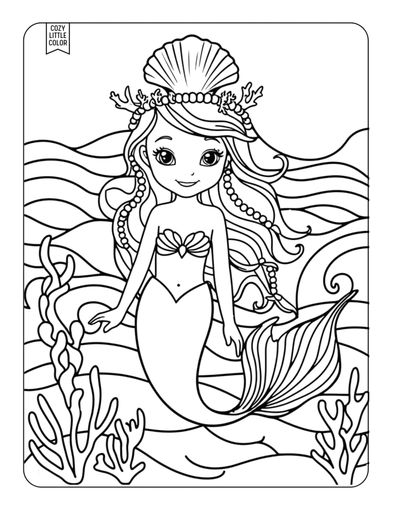 coloring page of a cartoon mermaid with a seashell crown for kids