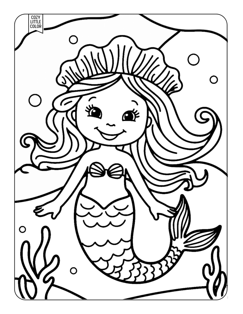 coloring page of a cute mermaid in water with a seashell crown