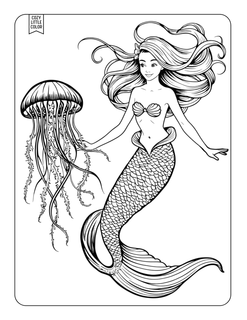 coloring page of a realistic young mermaid and a big jellyfish