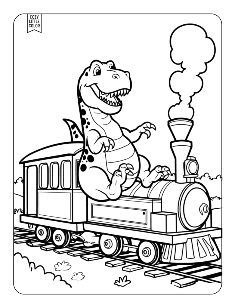 Dinosaur sitting on a train coloring page