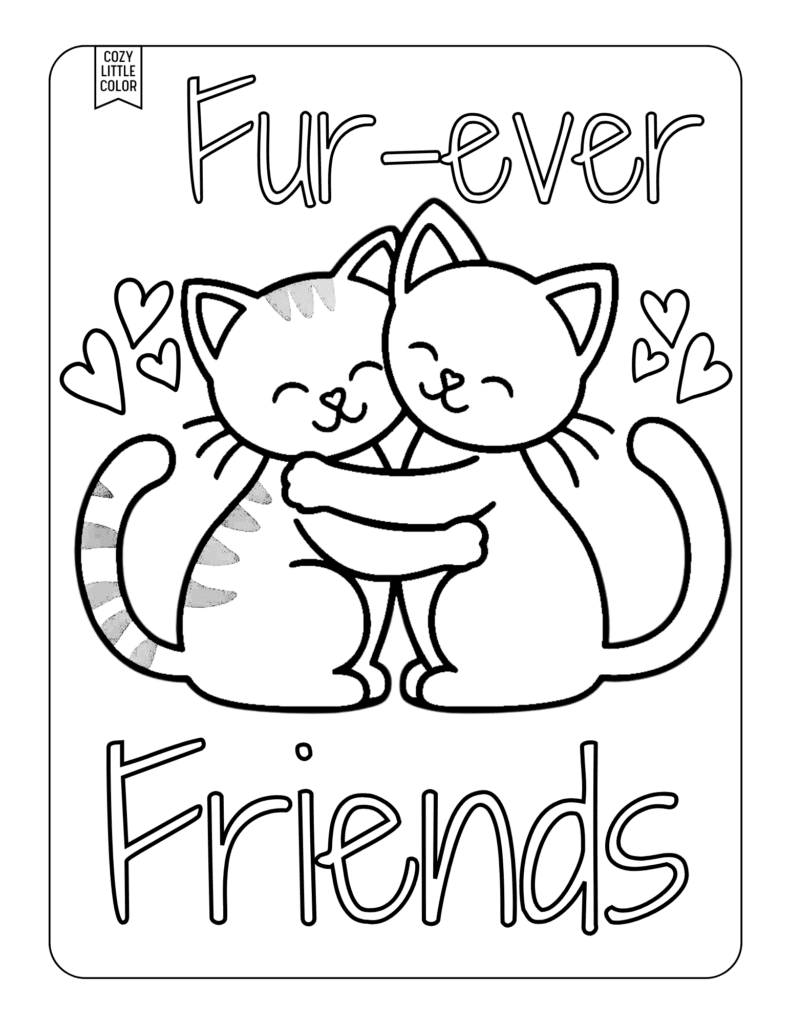 coloring page valentine of two cats "fur-ever friends"