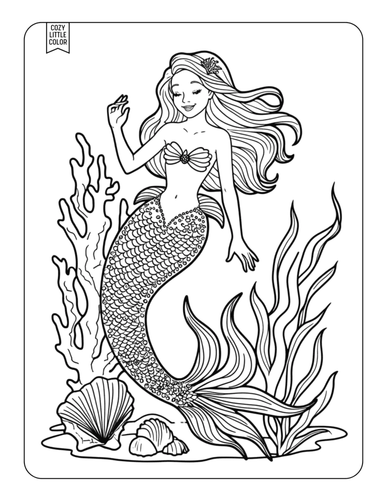 coloring page of a princess mermaid with a large fin