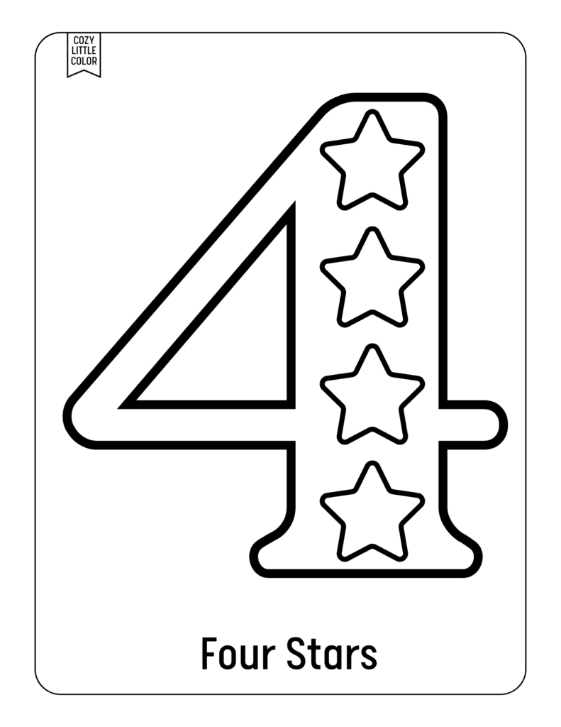 Free coloring page worksheet for preschoolers to learn counting, number 4 with stars