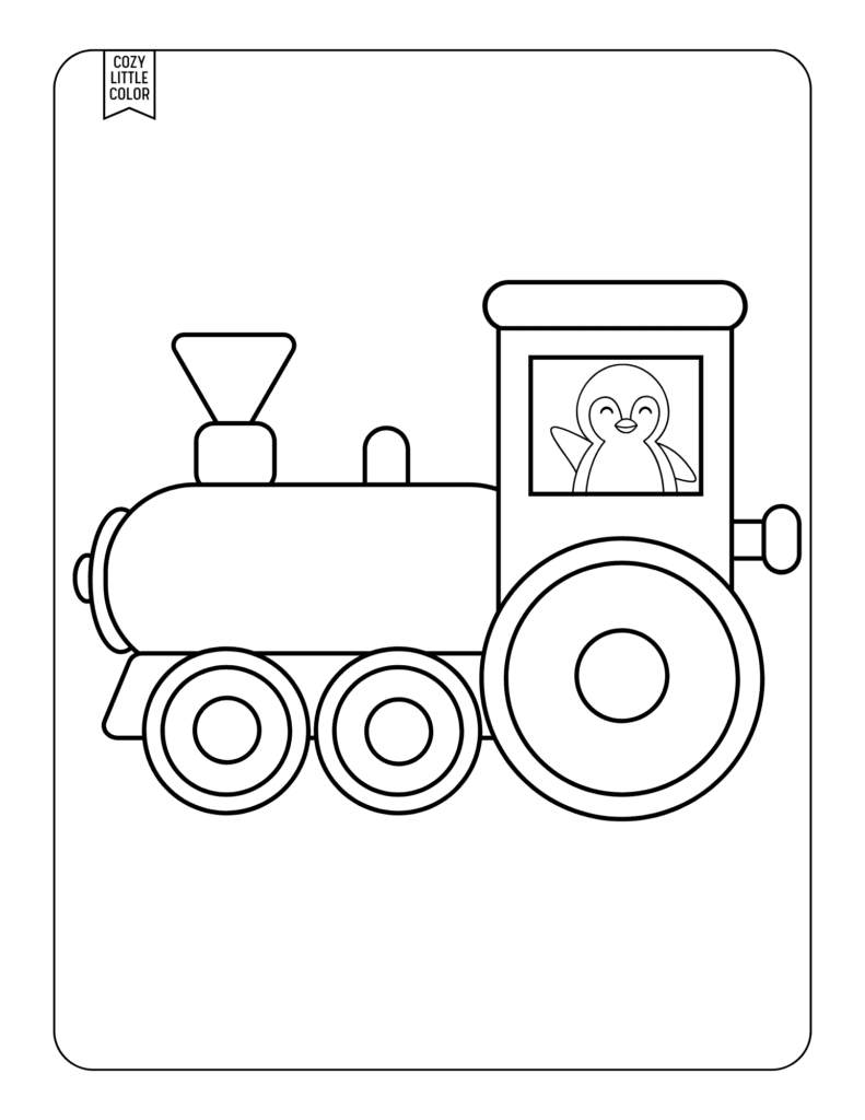 Toddler outline monoline train coloring page with a penguin