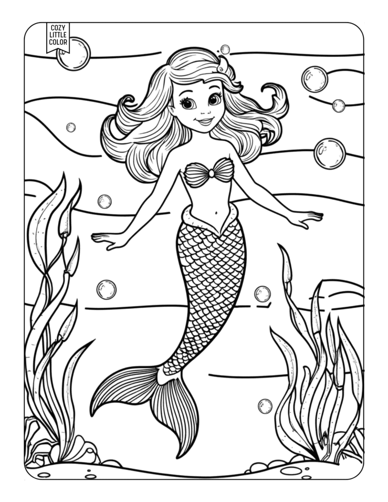 detailed coloring page of a mermaid in the water with bubbles