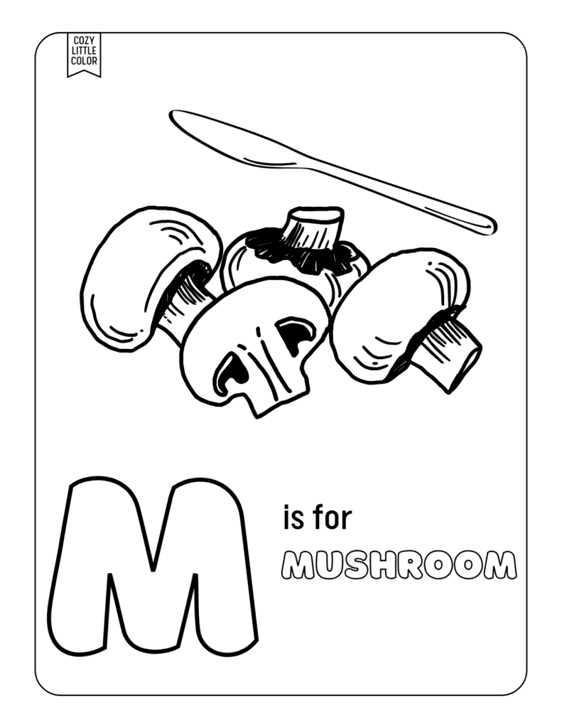 m is for mushroom coloring page