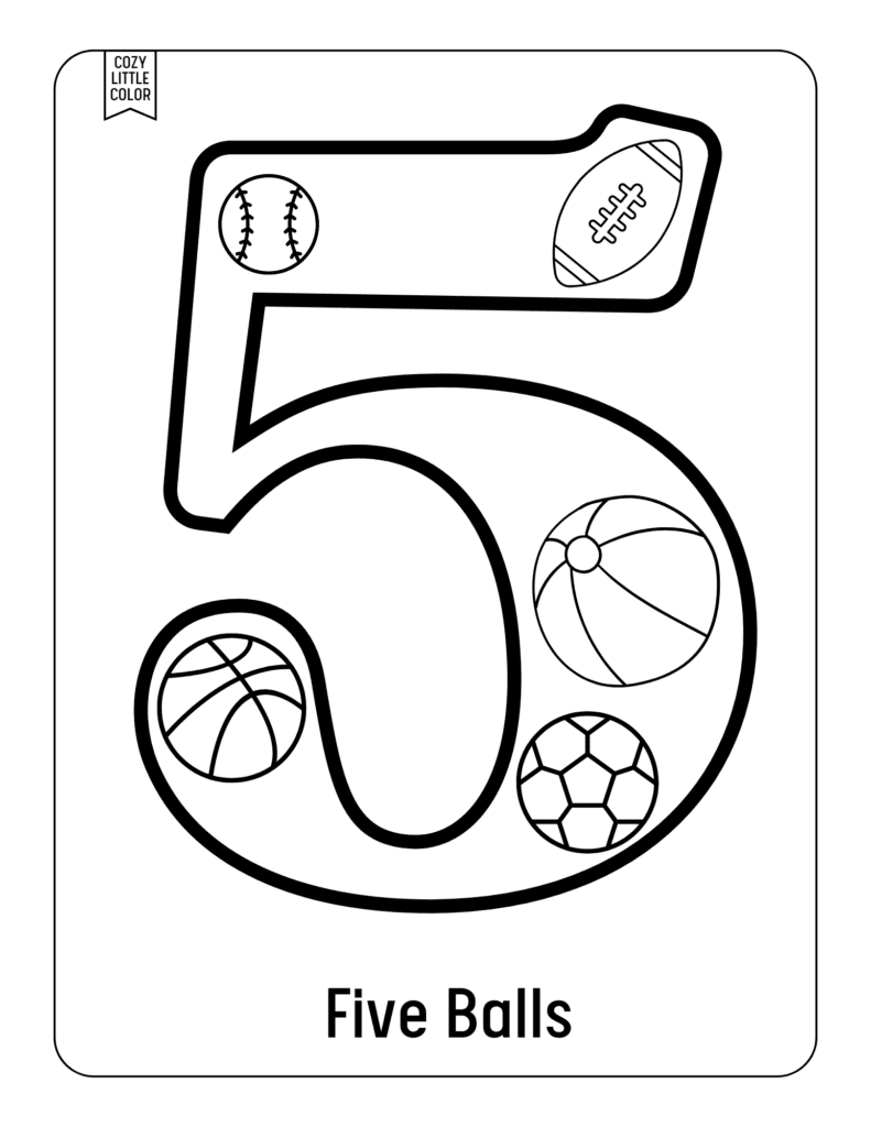 Free printable coloring page worksheet for kindergarteners to learn the number 5with five balls