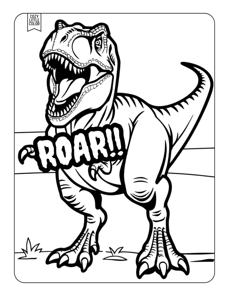 Roaring T Rex with "Roar" text coloring page