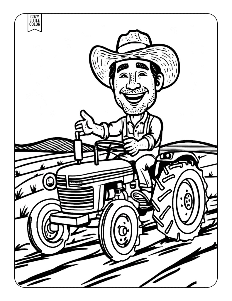 coloring page with a cartoon farmer on a tractor