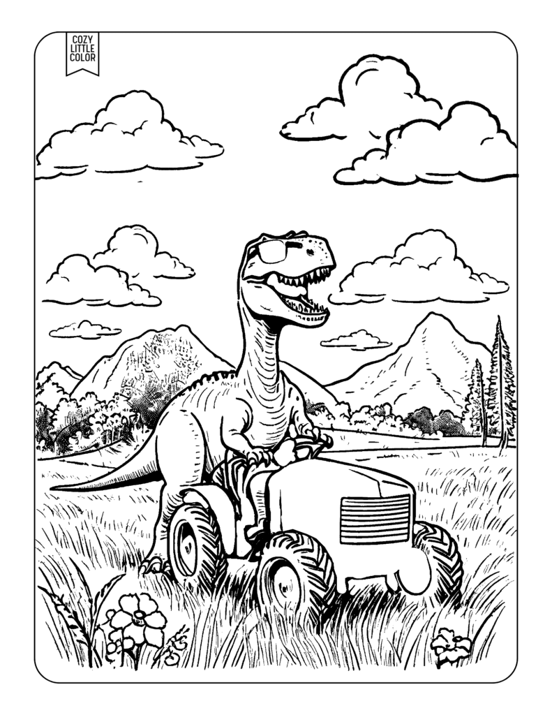 Detailed coloring page of a dinosaur t rex on a lawn tractor wearing sunglasses