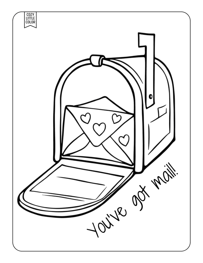 valentines day card of a mail box with a card inside coloring page