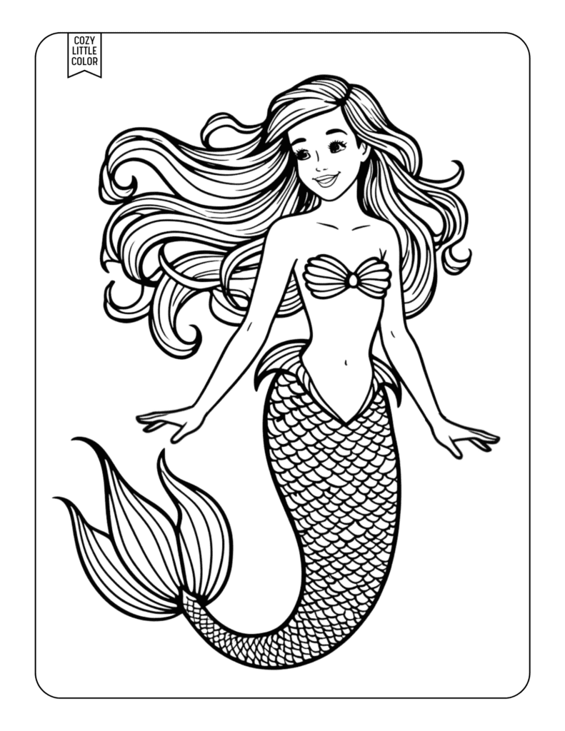 coloring page of a mermaid with long hair