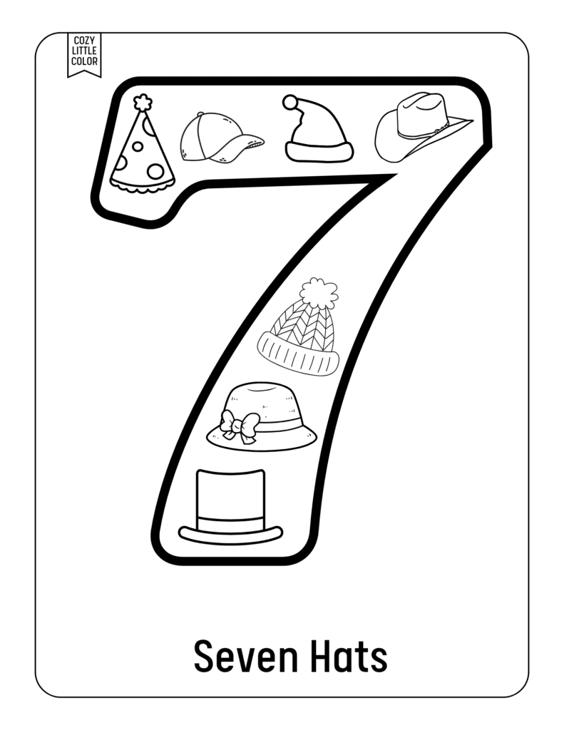 Free counting activity worksheet for homeschool of the number 7 with seven hats