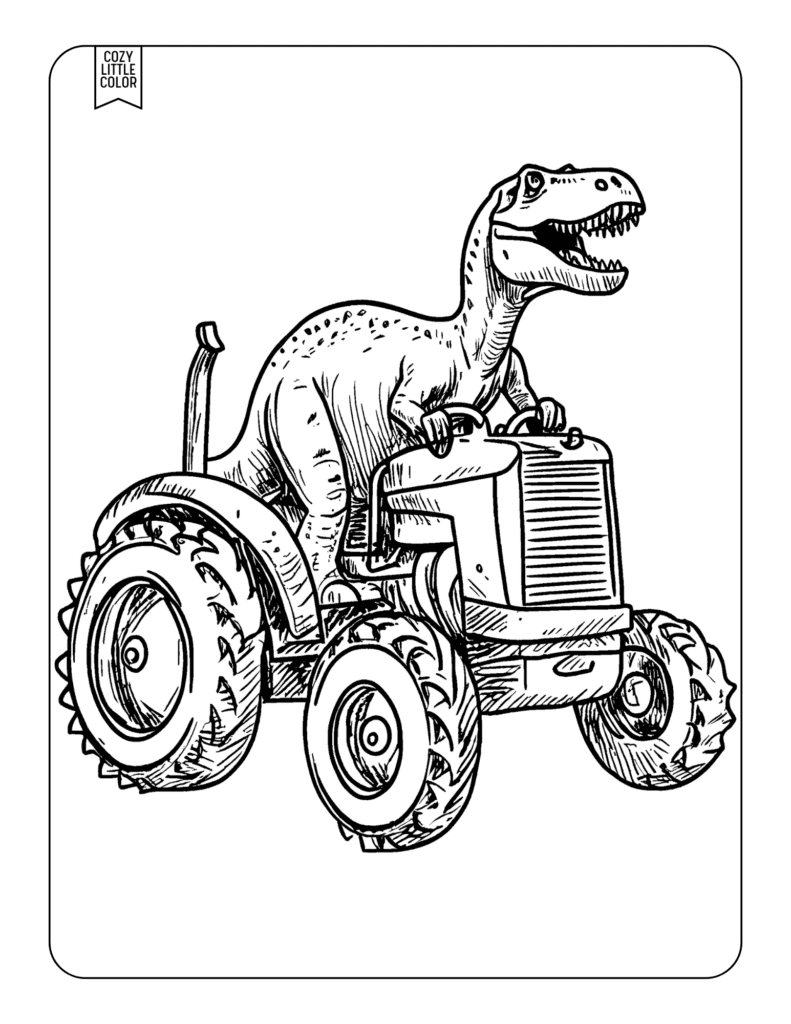 coloring page of a realistic t rex dinosaur driving a tractor