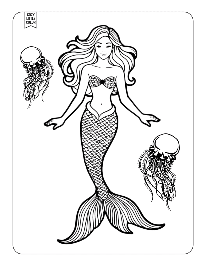 coloring page of a mermaid with two jelly fish