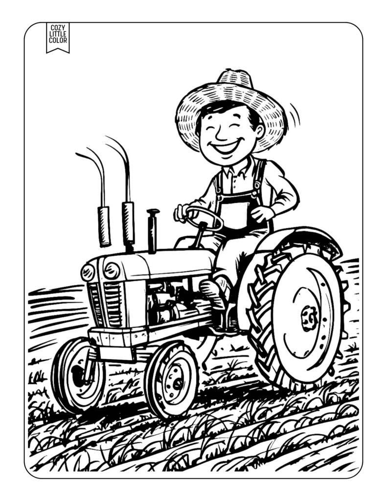 coloring page of a farmer on a vintage old tractor