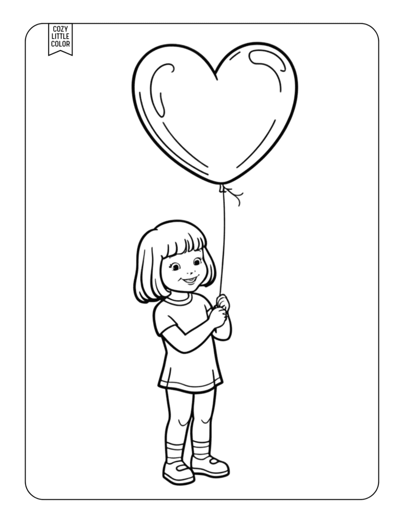 Coloring page of a girl with a heart balloon for valentines day