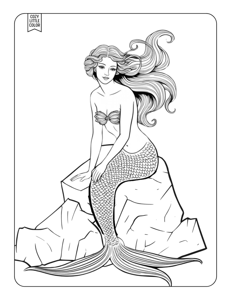 coloring page of a mermaid sitting on a rock