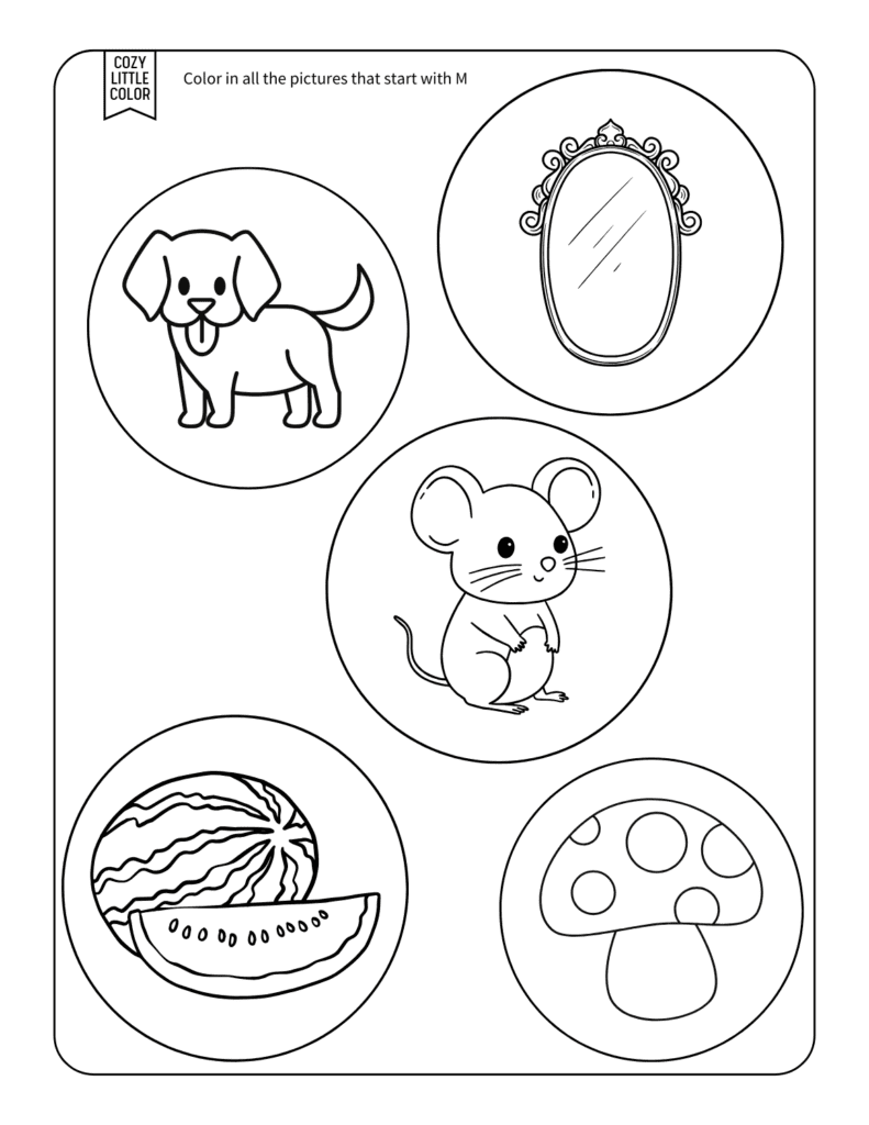 various images of items that start with the letter m to color in