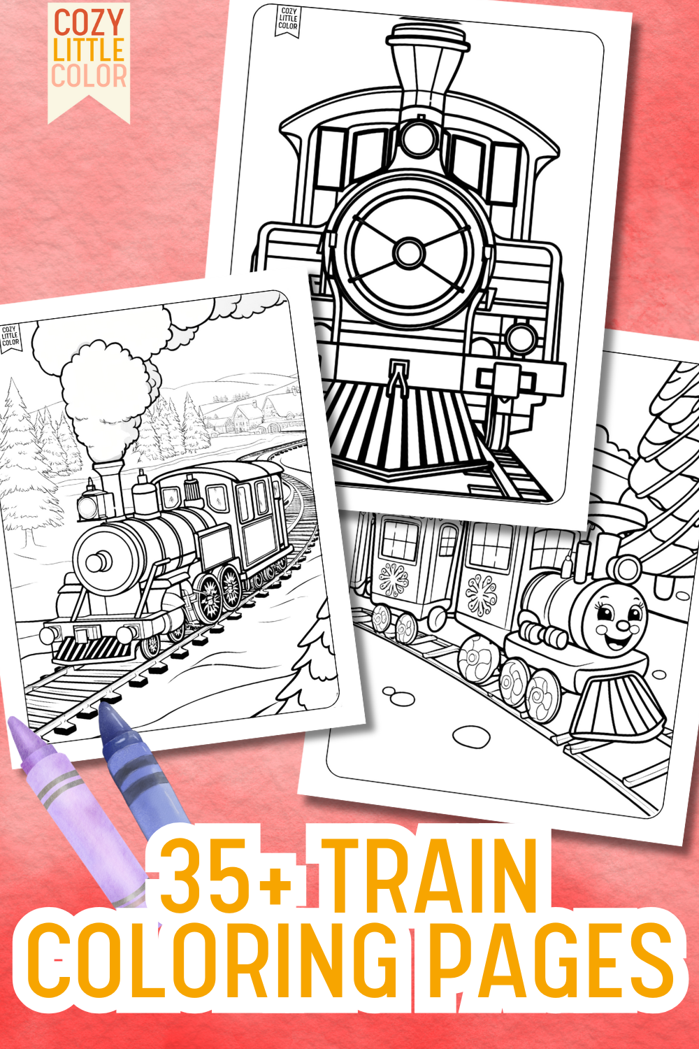 train coloring pages on a watercolor background text: 35 train coloring pages