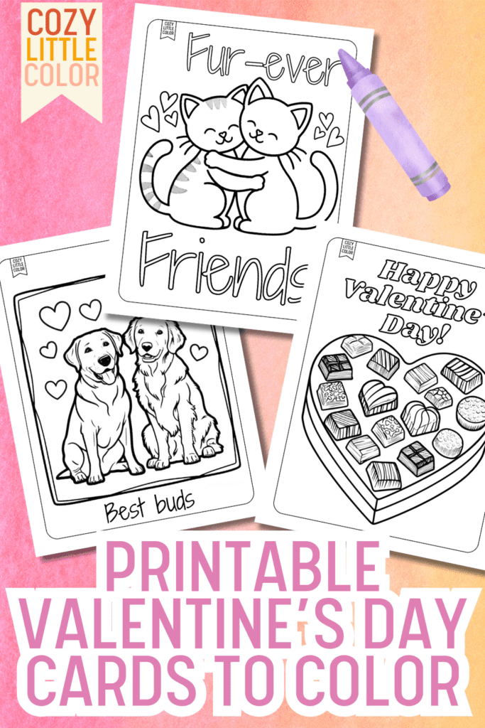 Text reads "printable valentines day cards to color"