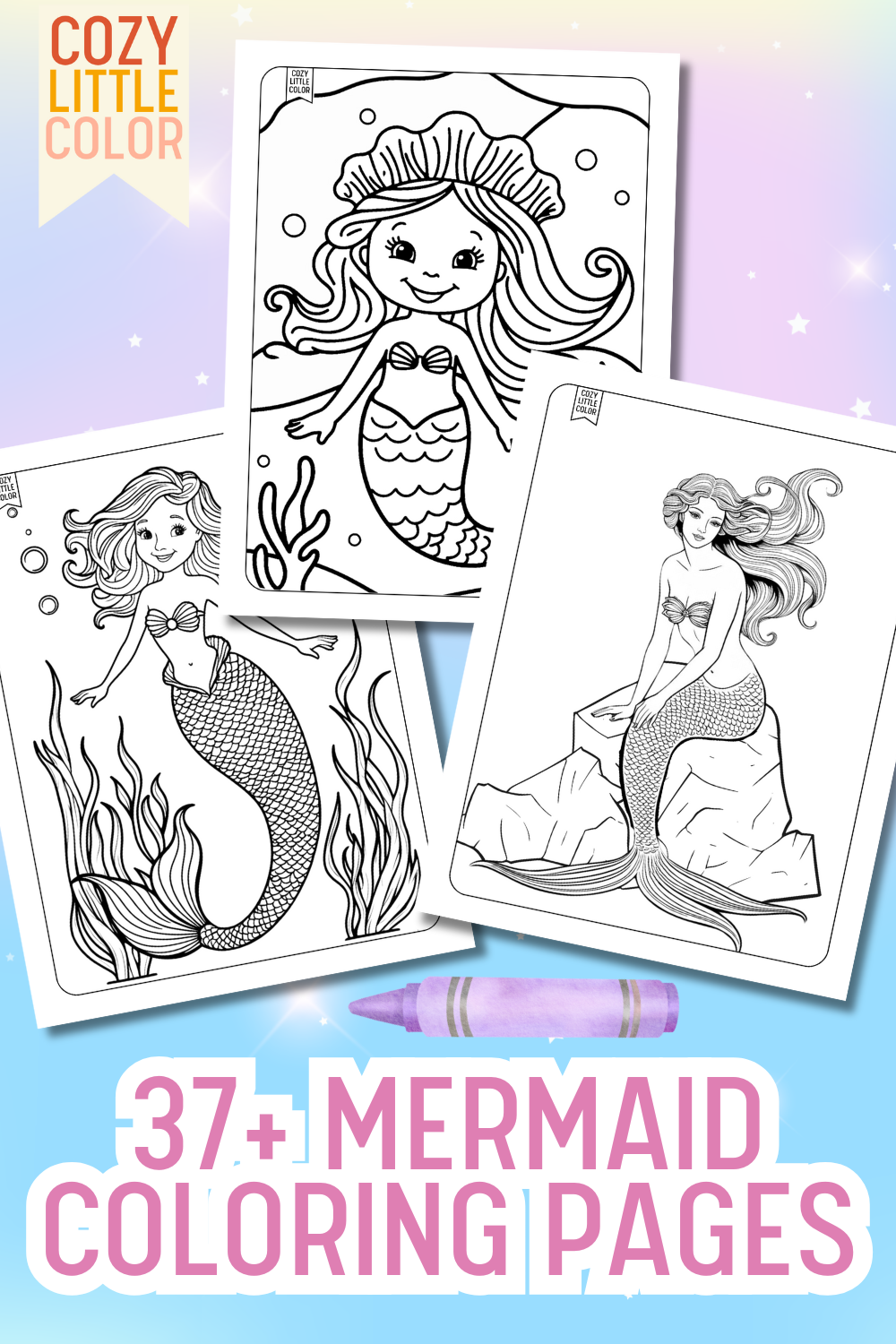 three coloring pages of mermaids on a blue background with the words "37+ mermaid coloring pages"