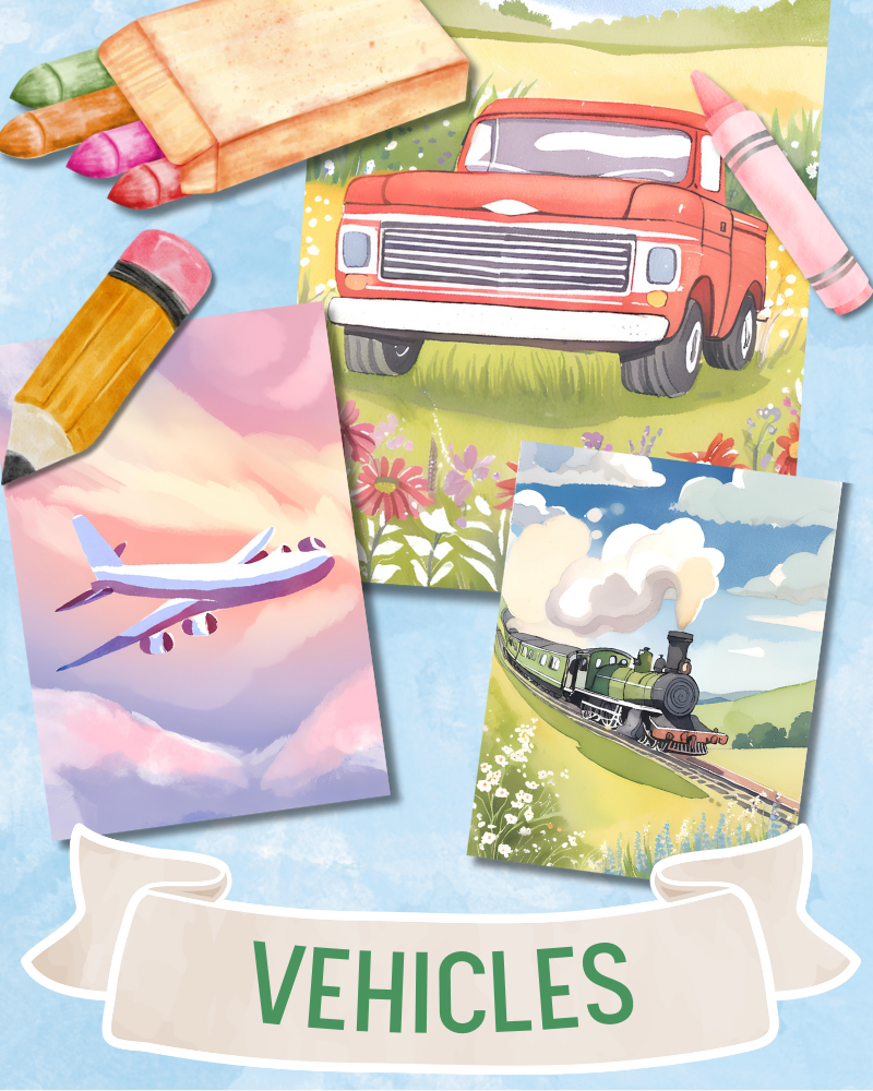 coloring pages with a truck, airplane, and a train. with the word "vehicles"