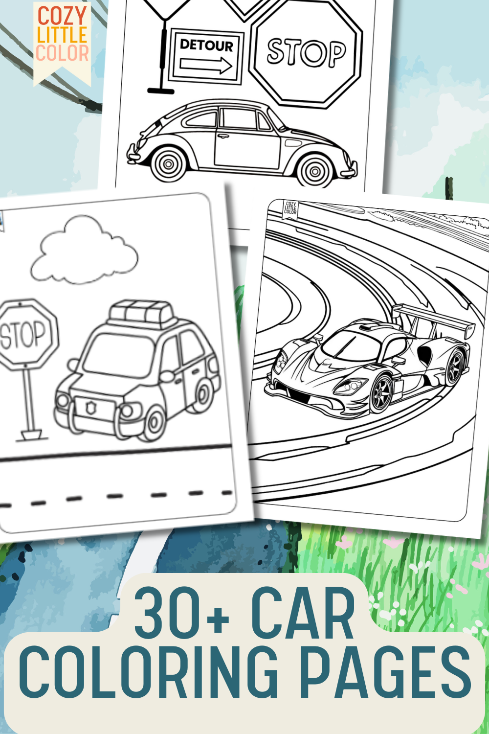 car coloring pages on a watercolor background text reads: 30 car coloring pages