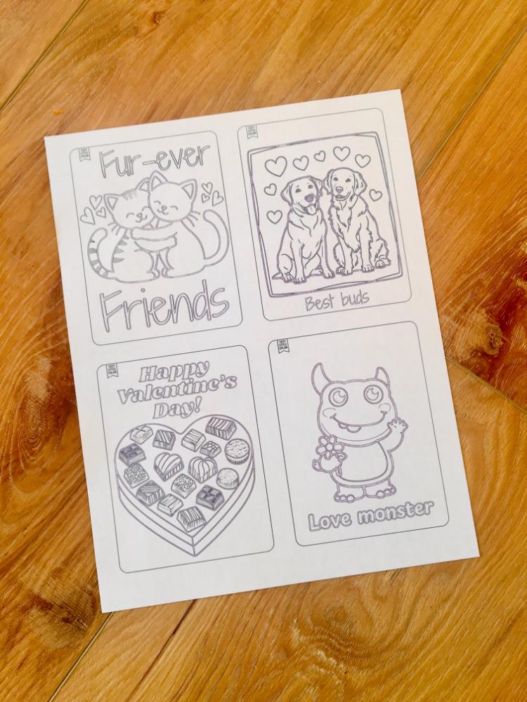 four valentines day cards on a page