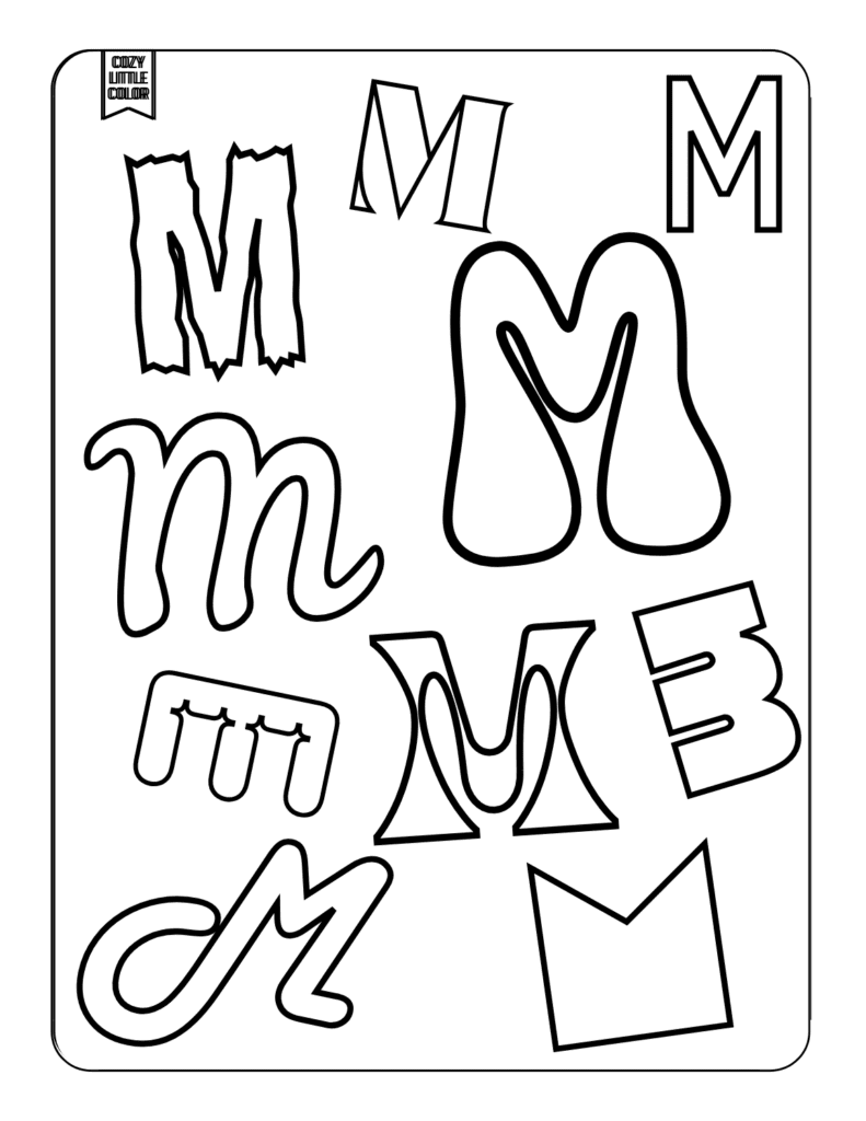 coloring page with M in many fonts