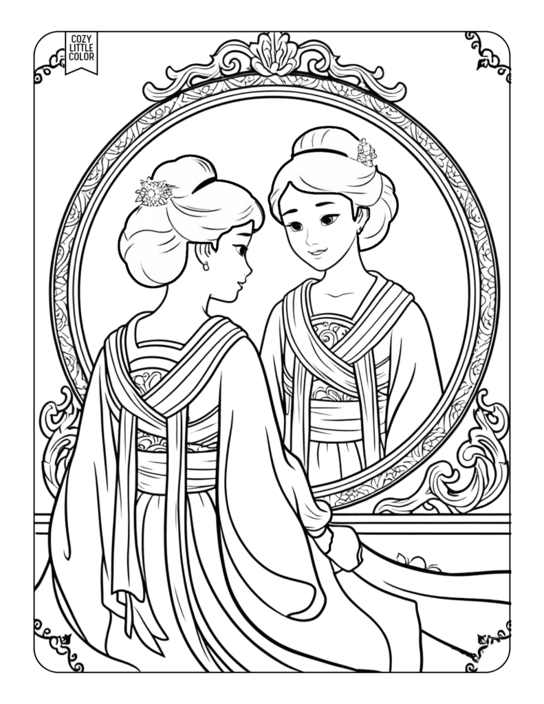 Coloring page of a beautiful asian princess looking in a mirror