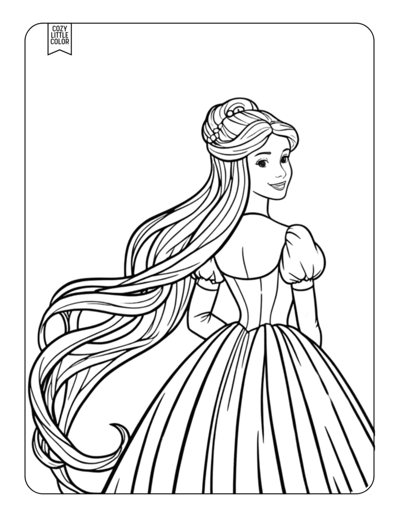 coloring page of a princess looking over her shoulder with long flowing hair and a pretty sleeved dress