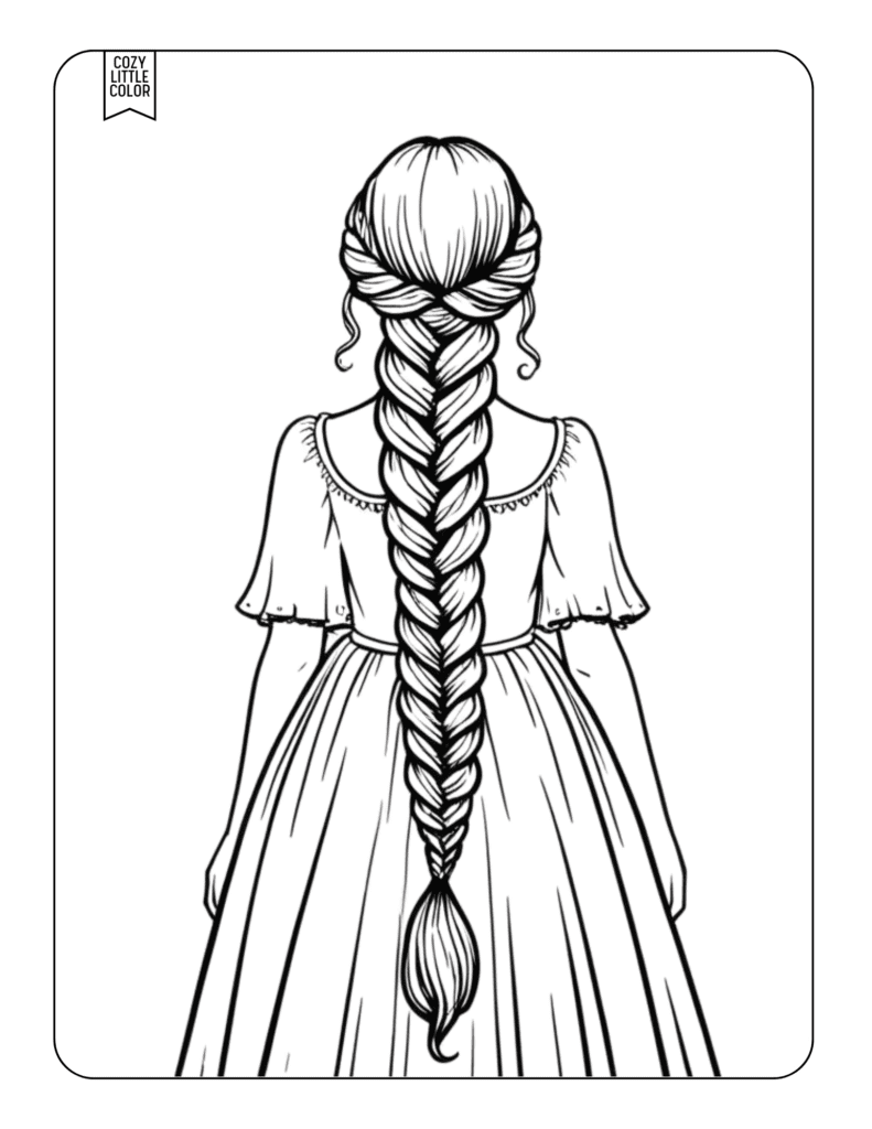 Coloring page of a princess from the back view with long hair in a braid, realistic rapunzel