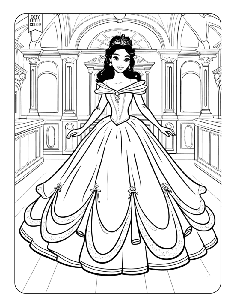 coloring page of a detailed realistic princess in a ballroom with a big dress