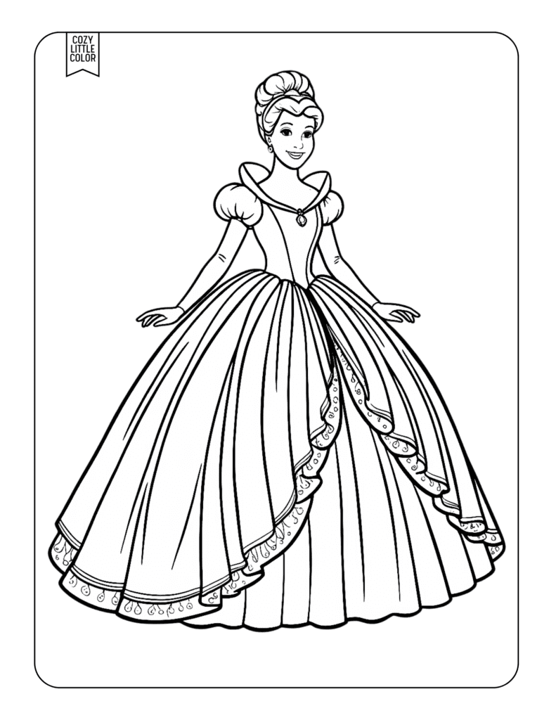 coloring page of a pretty princess in a huge poofy ball gown with a crown and a bun