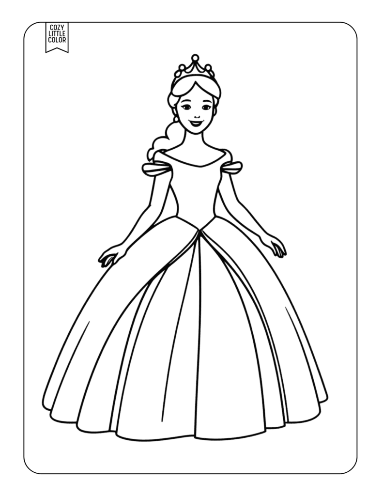 Simple coloring page with an easy to color princess for little kids