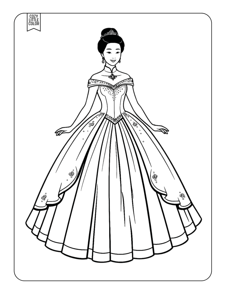 Coloring page of an asianic princess with a beautiful updo hairstyle and a detailed dress