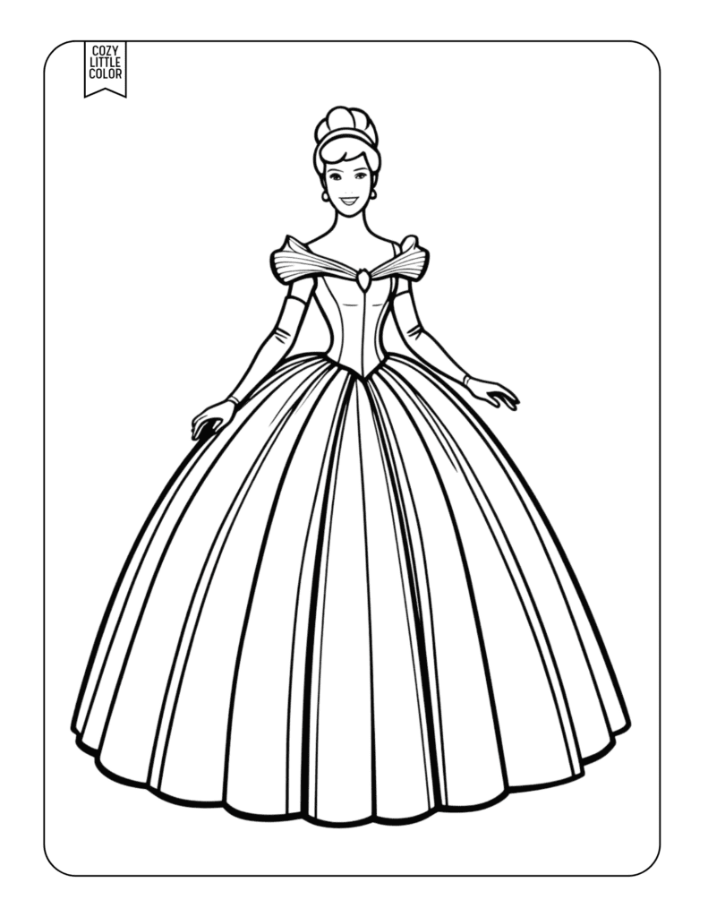 Coloring Page of cinderella or a princess in a big ball gown dress and an up do